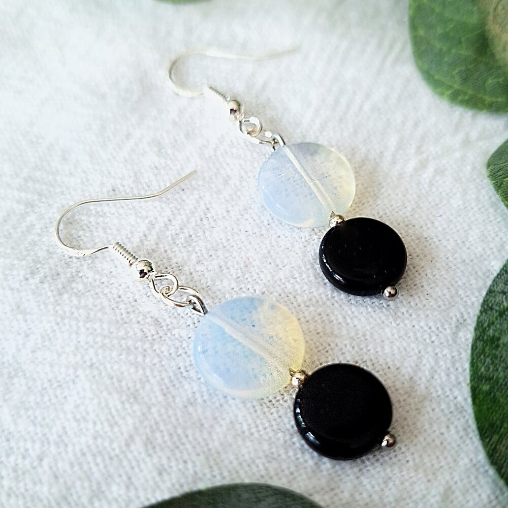 Minimalist Silver Earrings, Celestial Jewelry, Mod Black and White Earrings